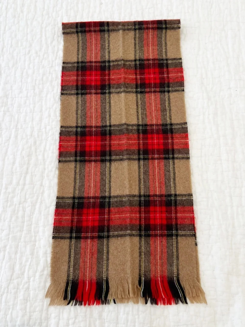 Vintage Wool Tartan Plaid Scarf Red Tan Made in Western Germany Fringe Heritage